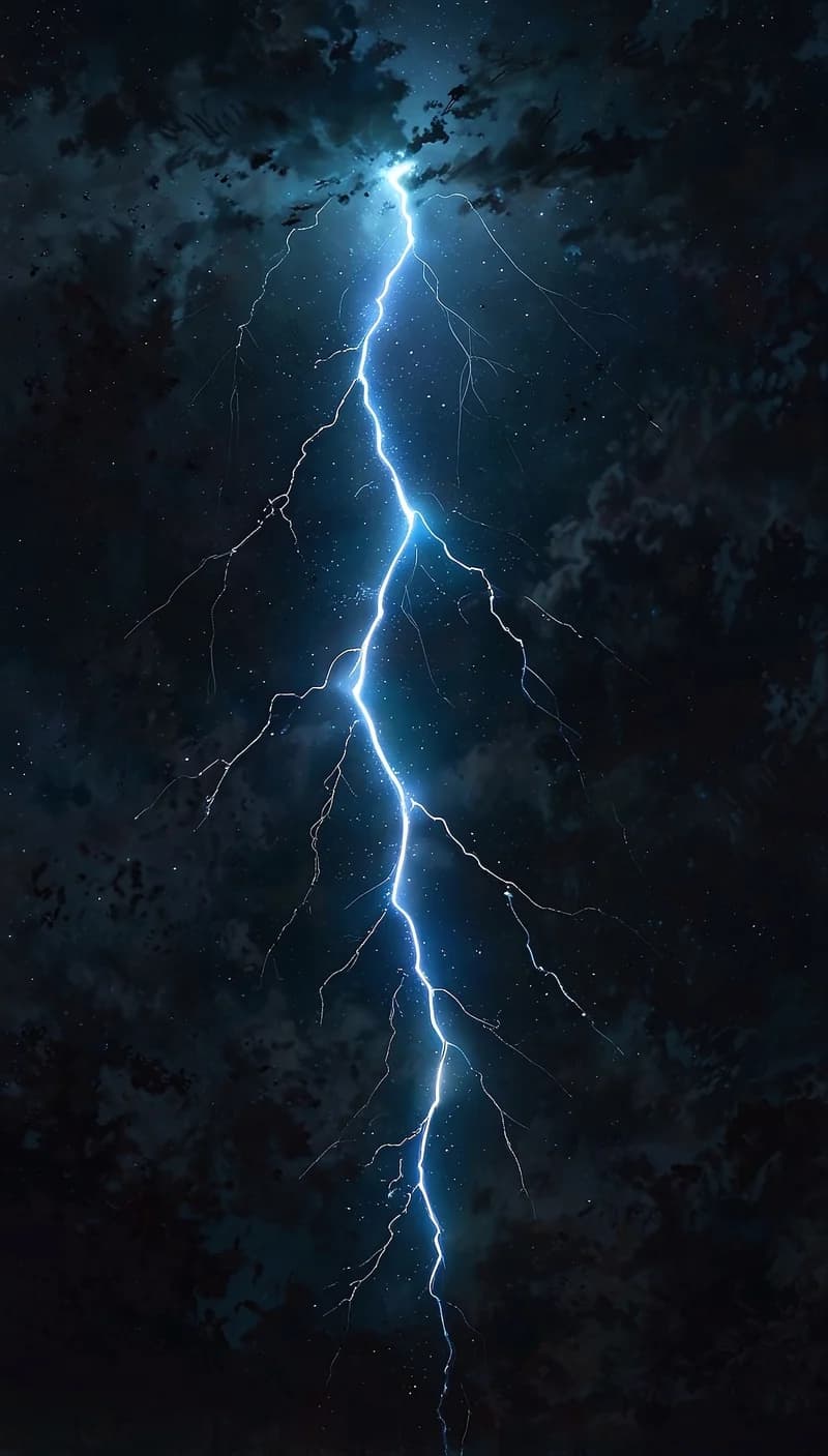 Powerful Blue Lightning Bolt Striking Down from Dark Storm Clouds 4K Wallpaper