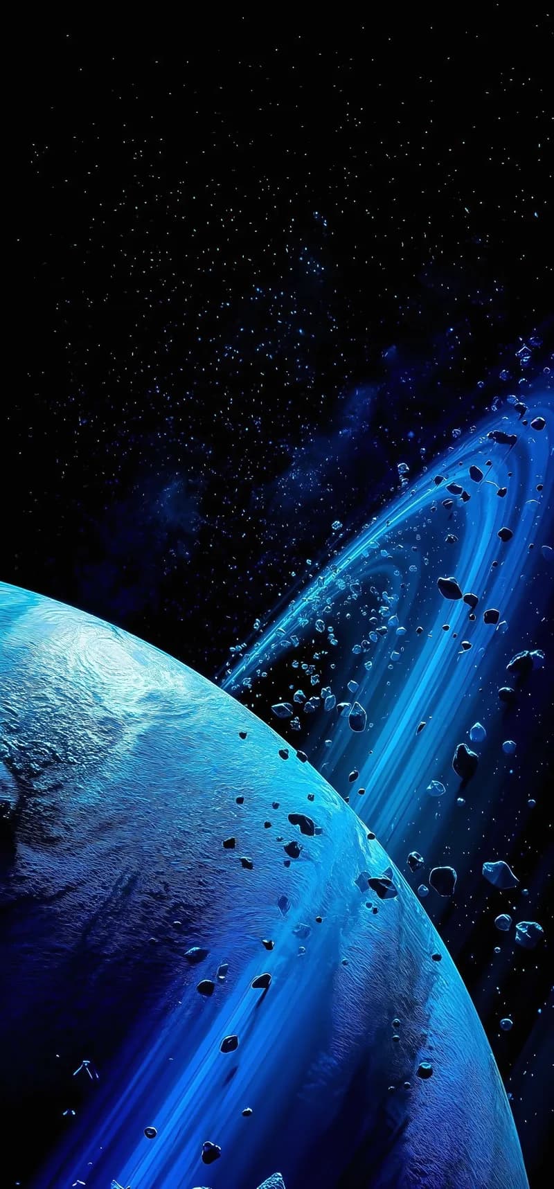 Blue Ringed Planet and Floating Asteroids in Deep Space 4K Wallpaper