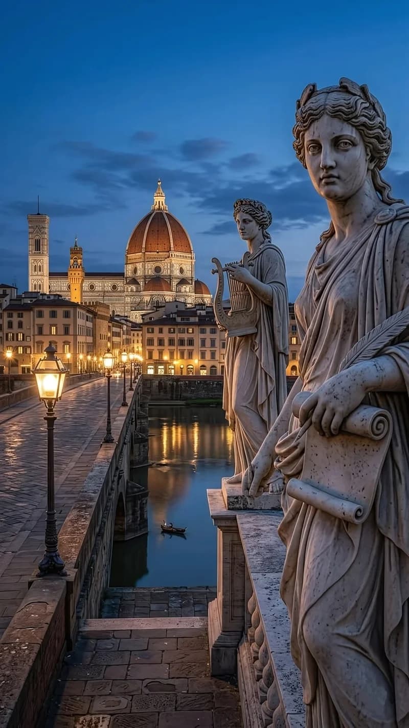 Beautiful View of Florence Duomo and Renaissance Statues at Night 4K Wallpaper