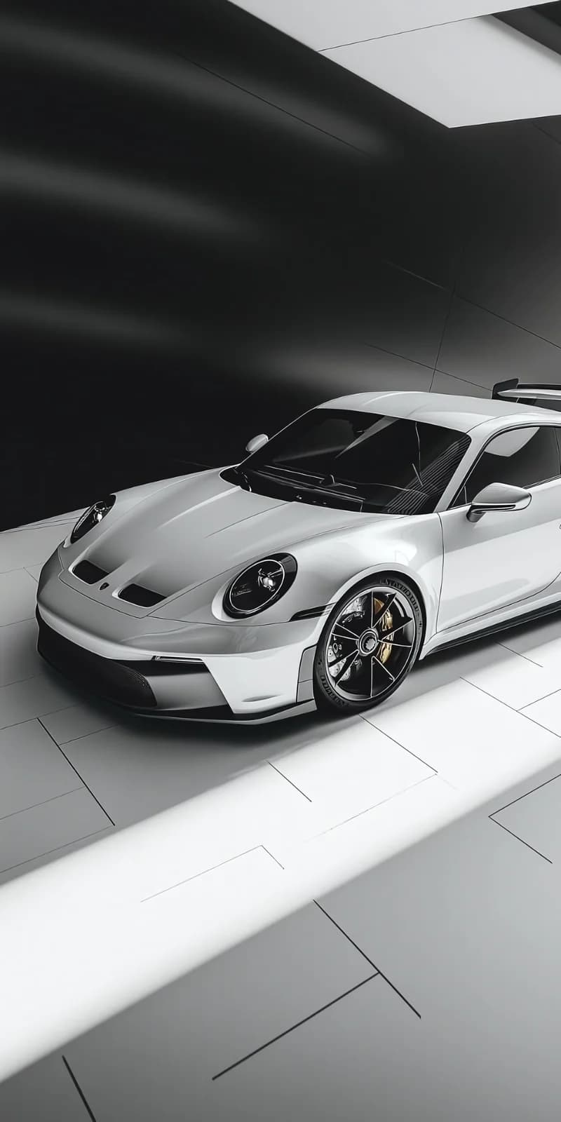 Sleek Concept Art of a Custom Porsche 911 Coupe in a Modern Studio Setting 4K Wallpaper